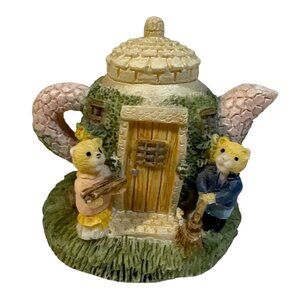 Miniature Ceramic Teapot Figurine W/ Mice Anthropomorphic 1.5"